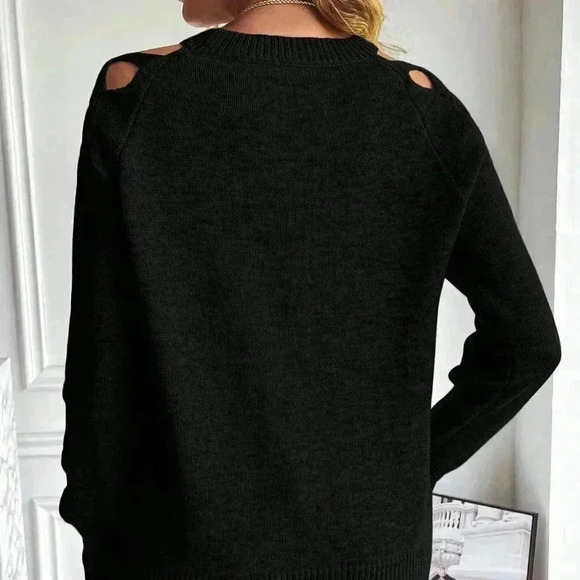 Black Casual Womens Cut Out Raglan Sleeve Crisscross Sweater - Picture 3 of 5